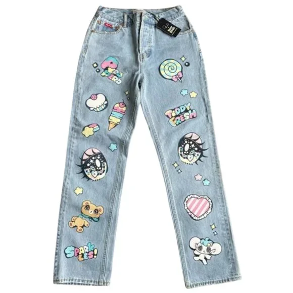 ULTRA RARE, BNWOT Teddy Fresh x Yurie Sekiya Printed Denim Jeans - Picture 1 of 9